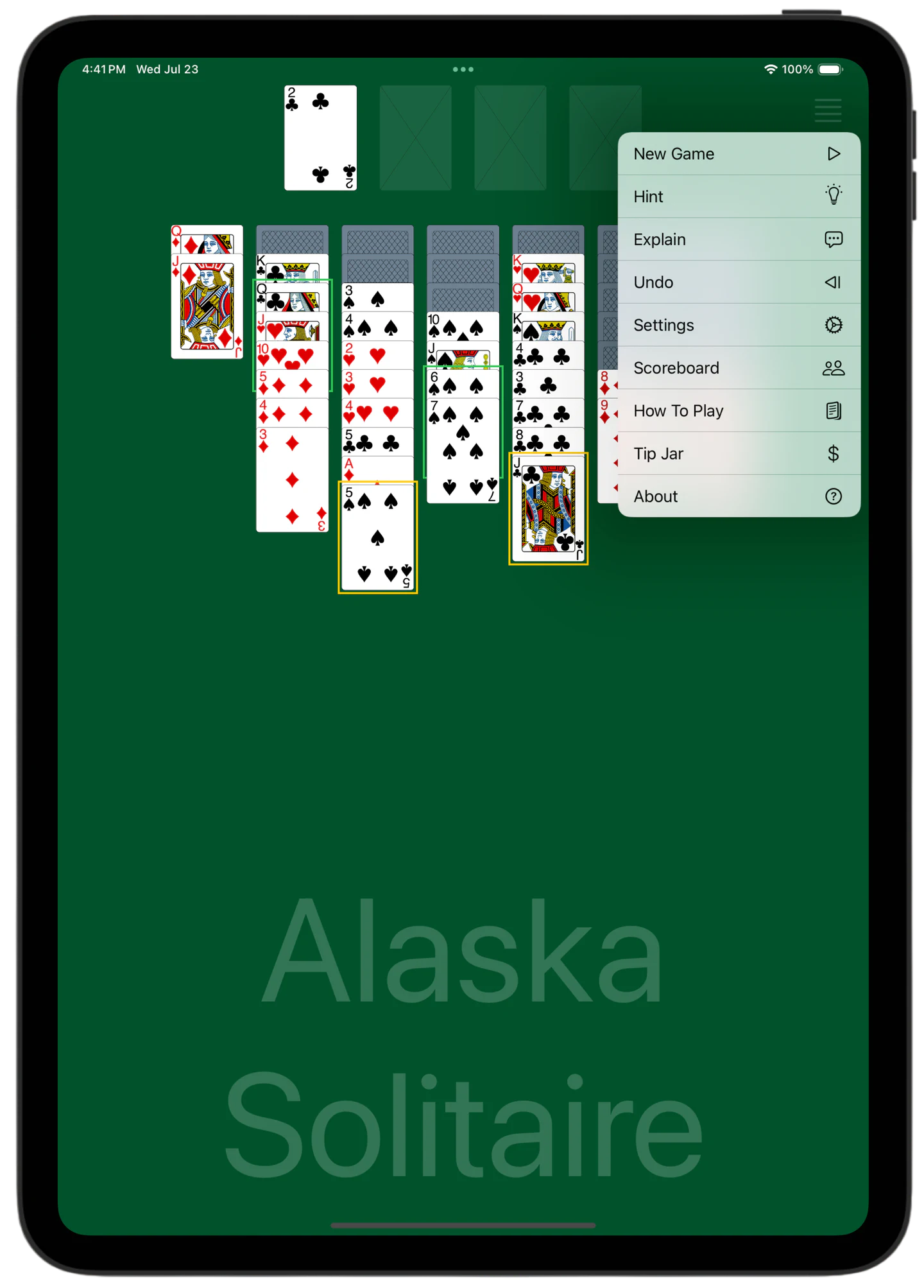 Alaska Solitaire — Menu