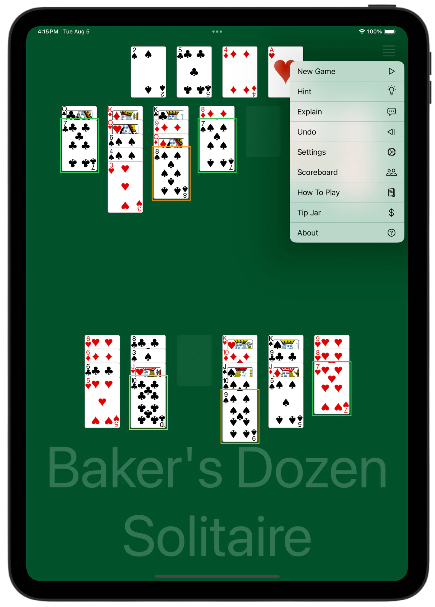 Baker's Dozen Solitaire — Menu