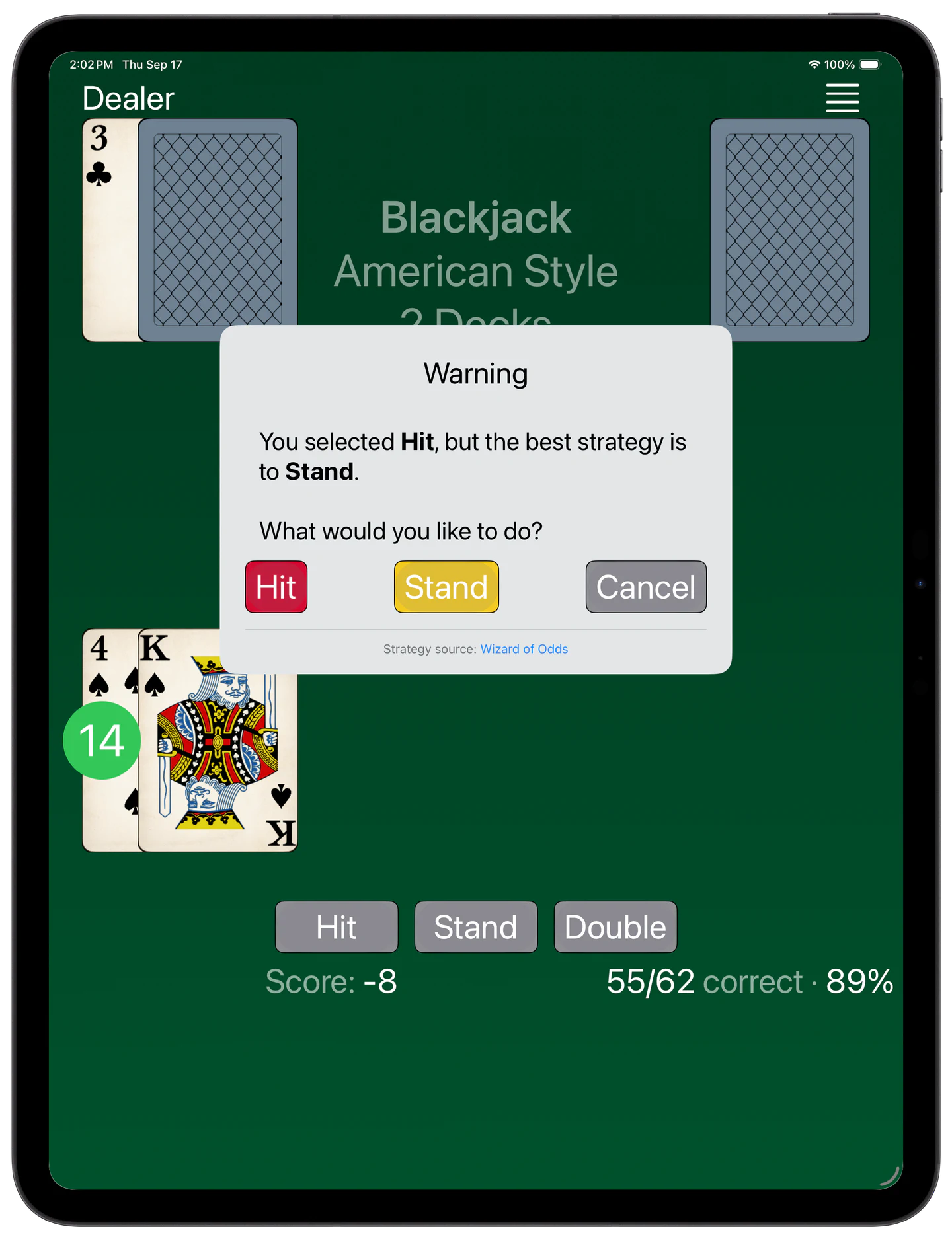 Blackjack Trainer — Warn Mode