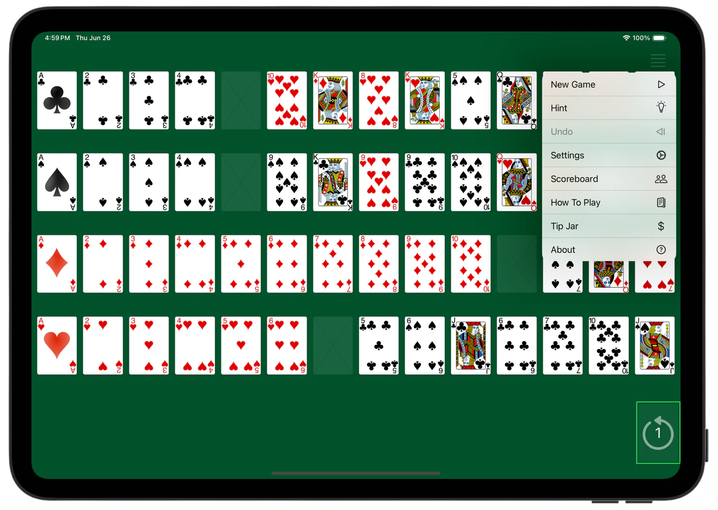 Blue Moon Solitaire — Menu