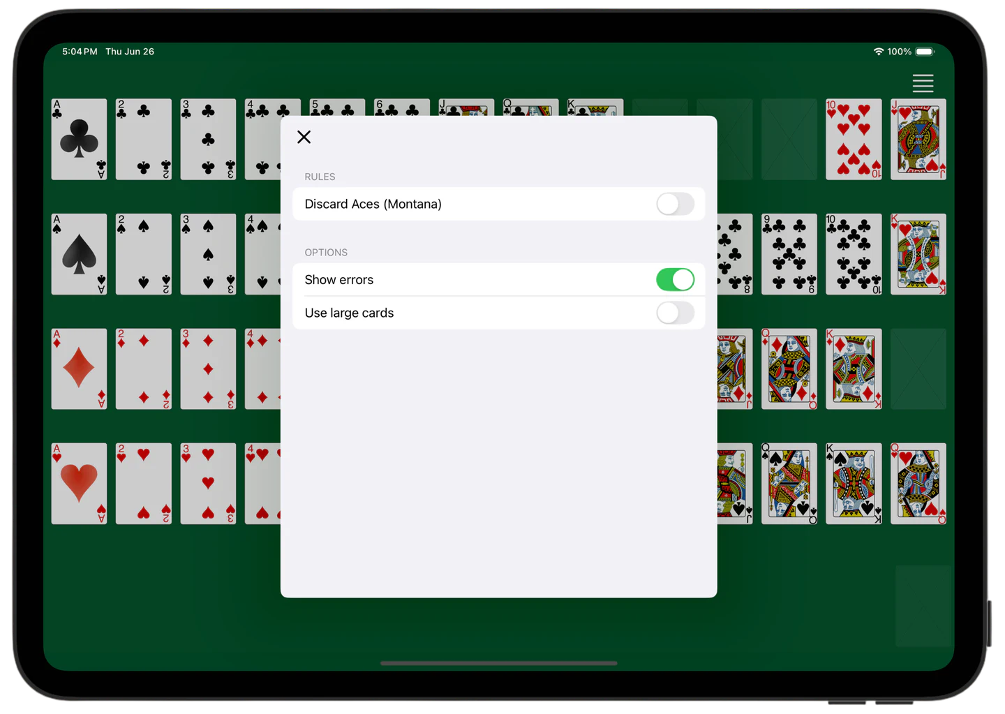 Blue Moon Solitaire — Settings