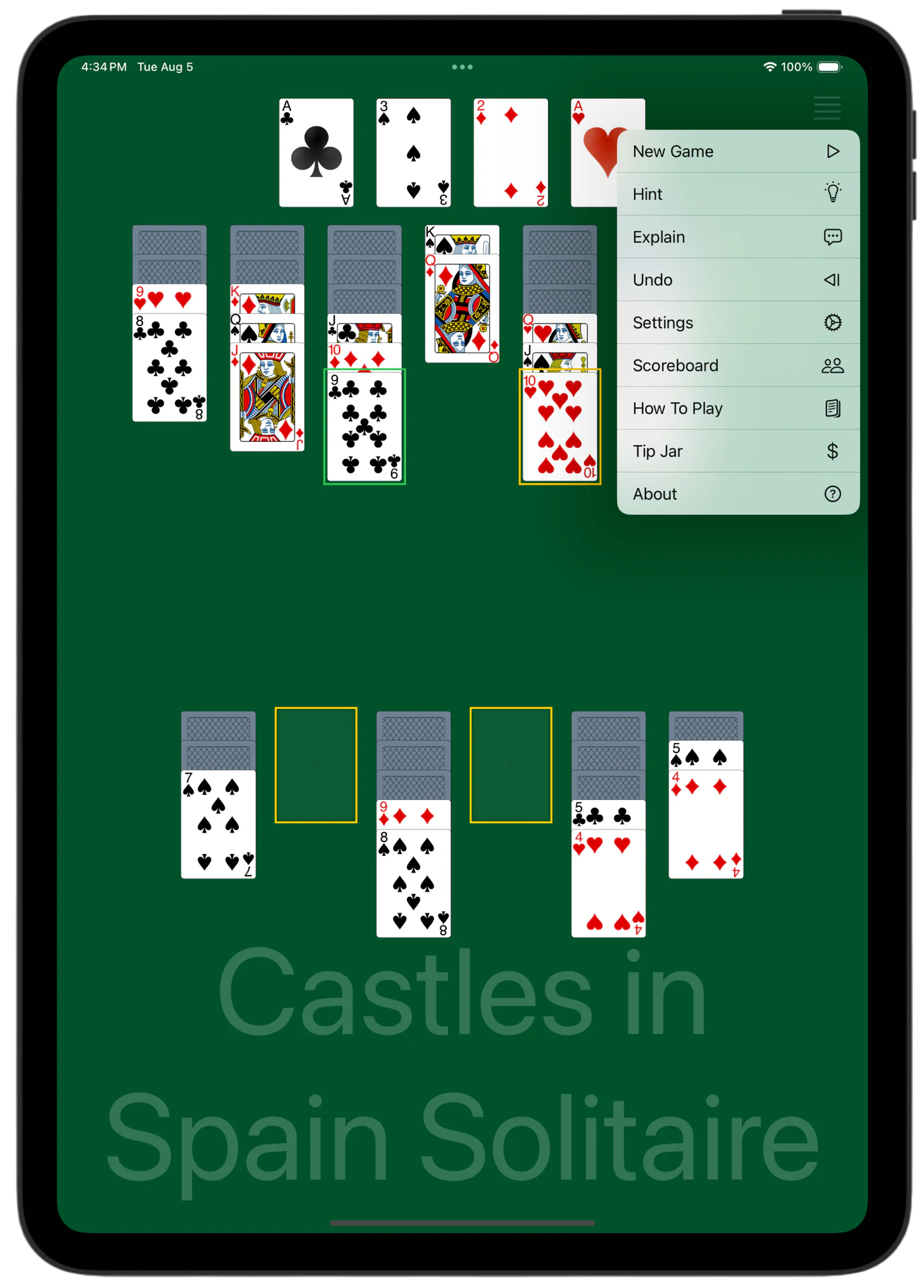 Castles In Spain Solitaire — Menu