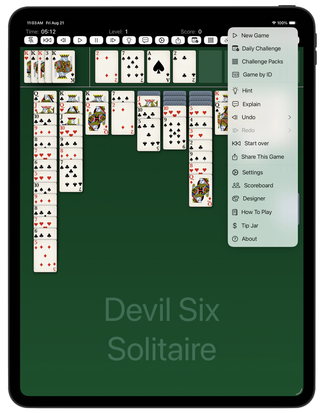 Devil Six Solitaire — Playing