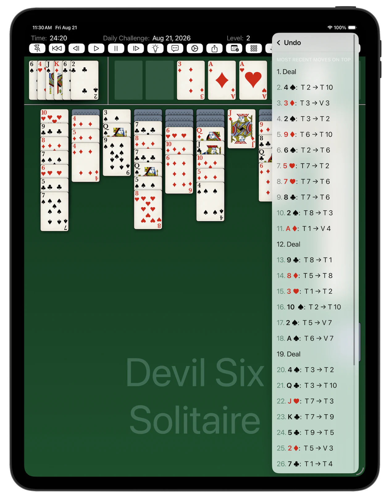 Devil Six Solitaire — Undo, Redo and Replay