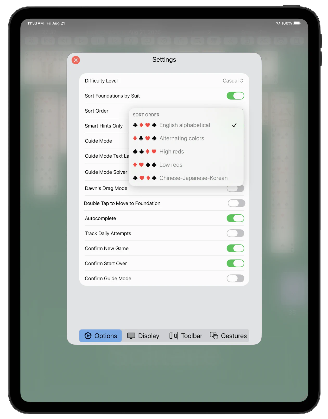 Devil Six Solitaire — Settings