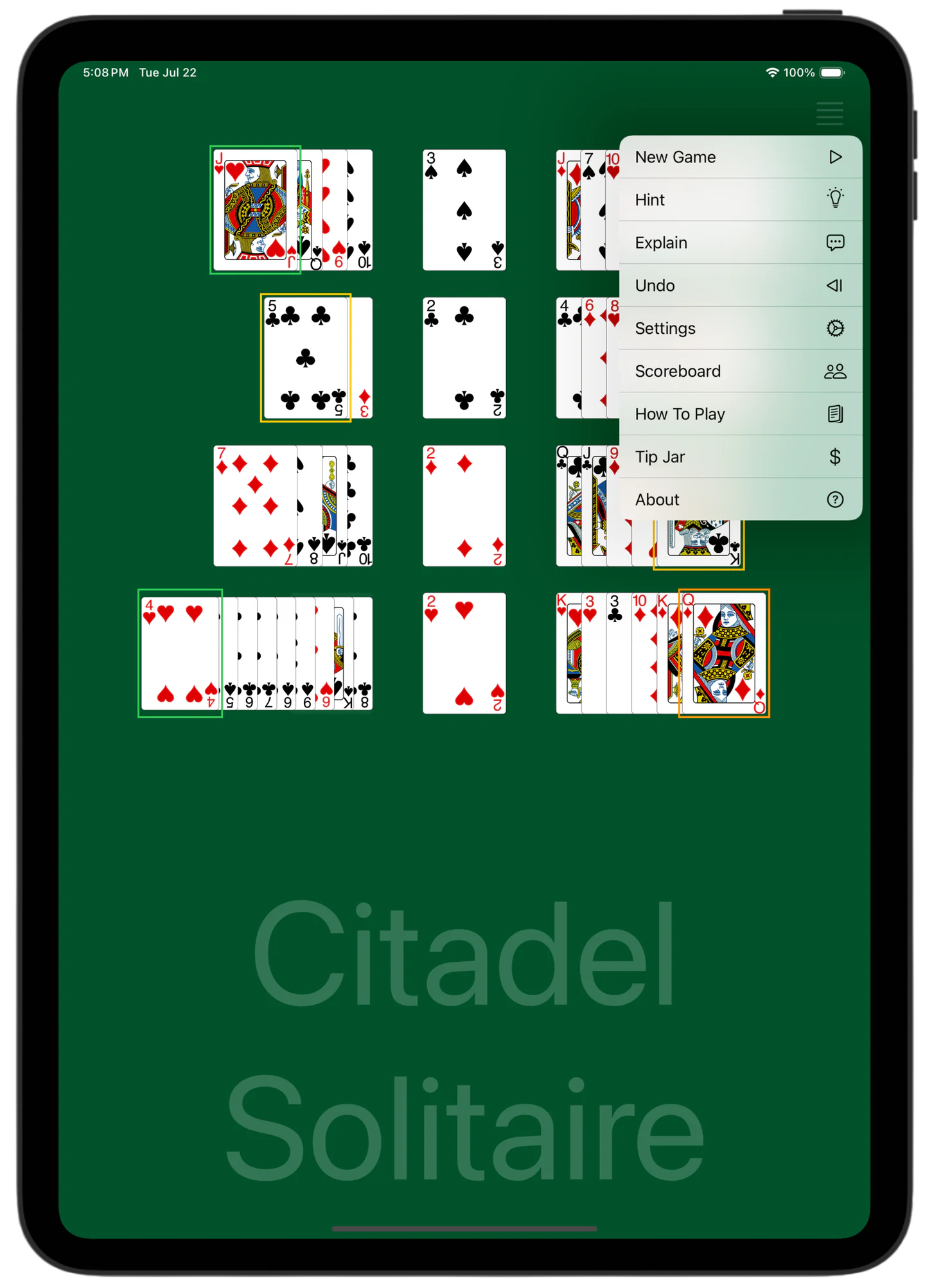 Citadel Solitaire — Menu