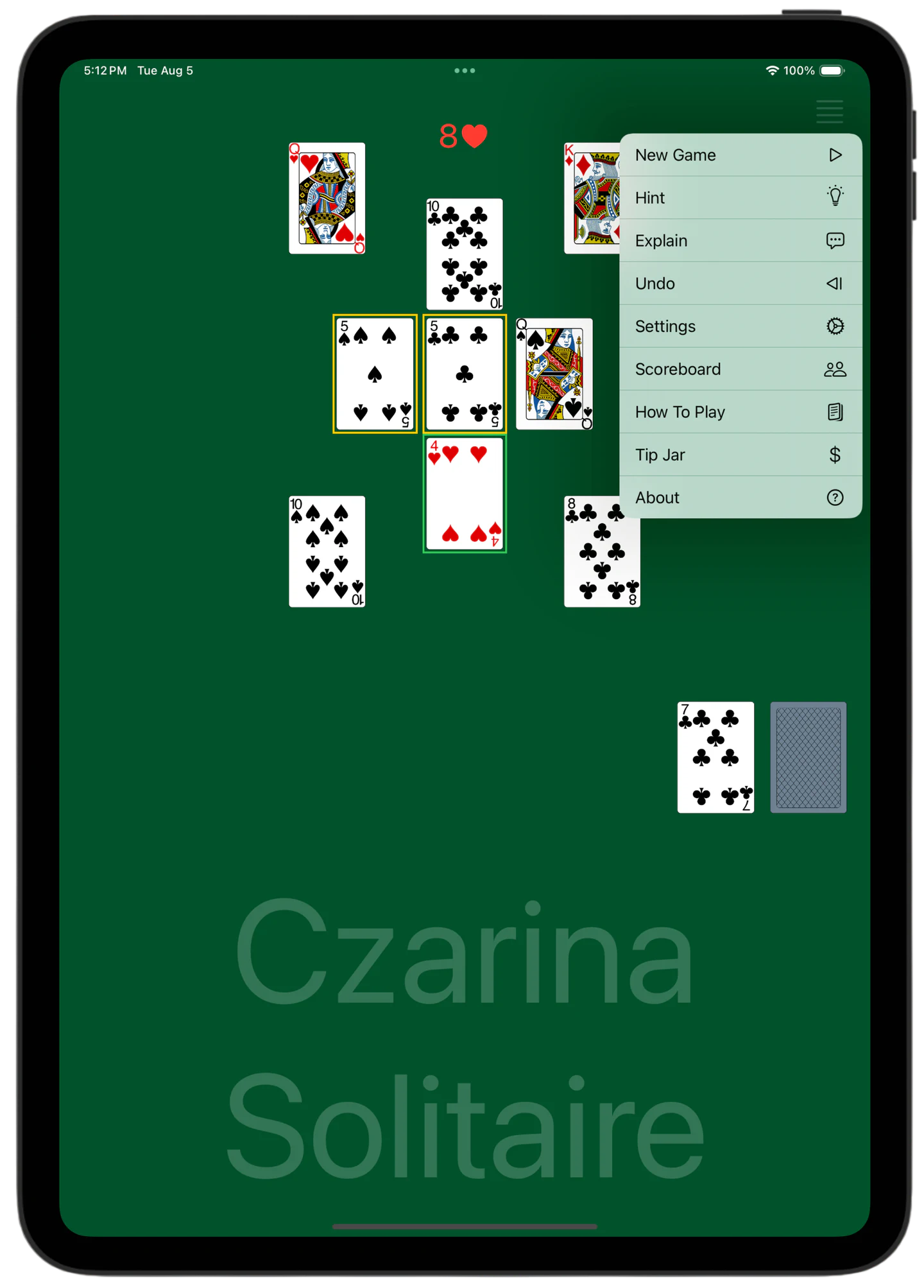 Czarina Solitaire — Menu