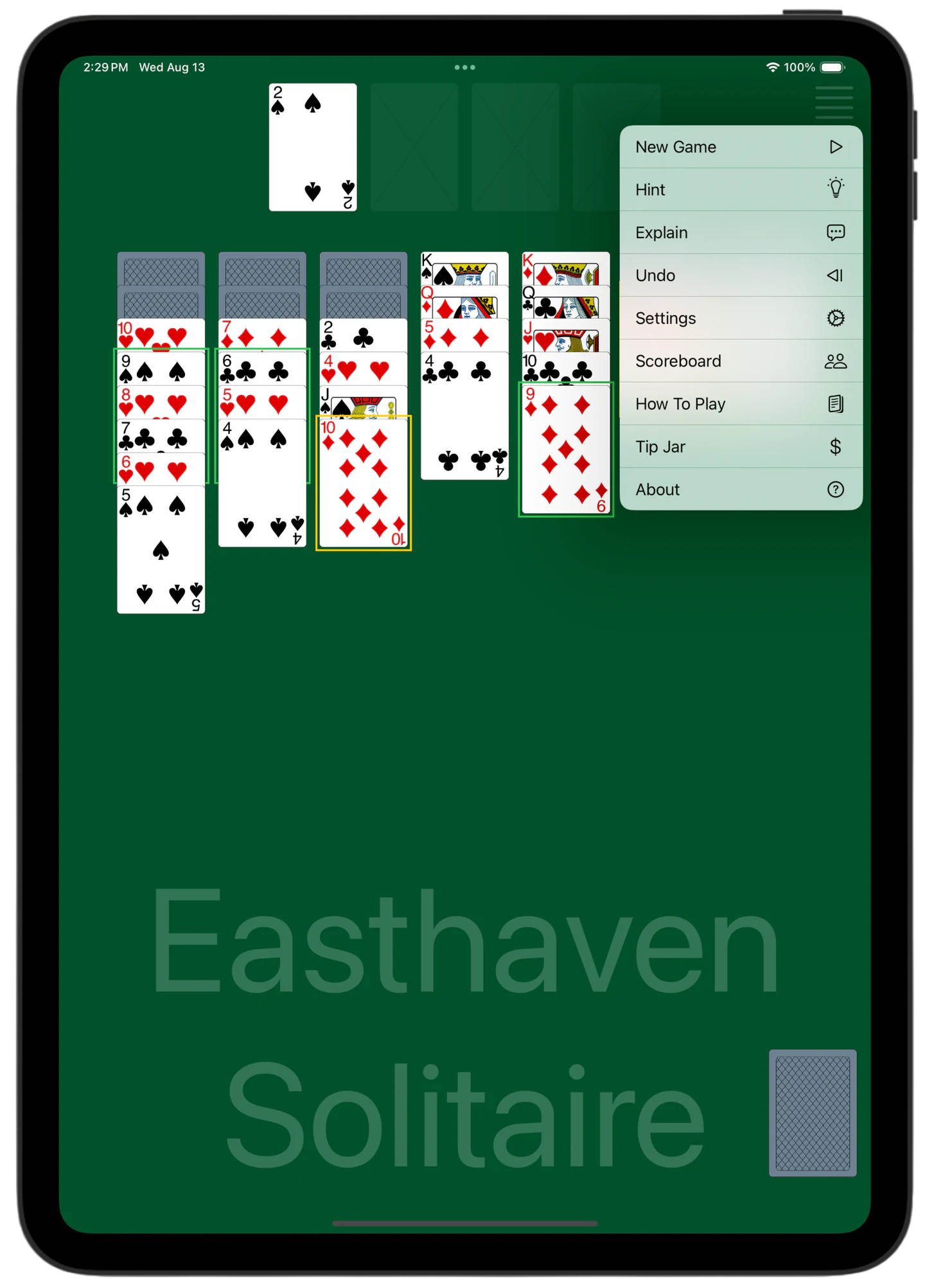 Easthaven Solitaire — Menu