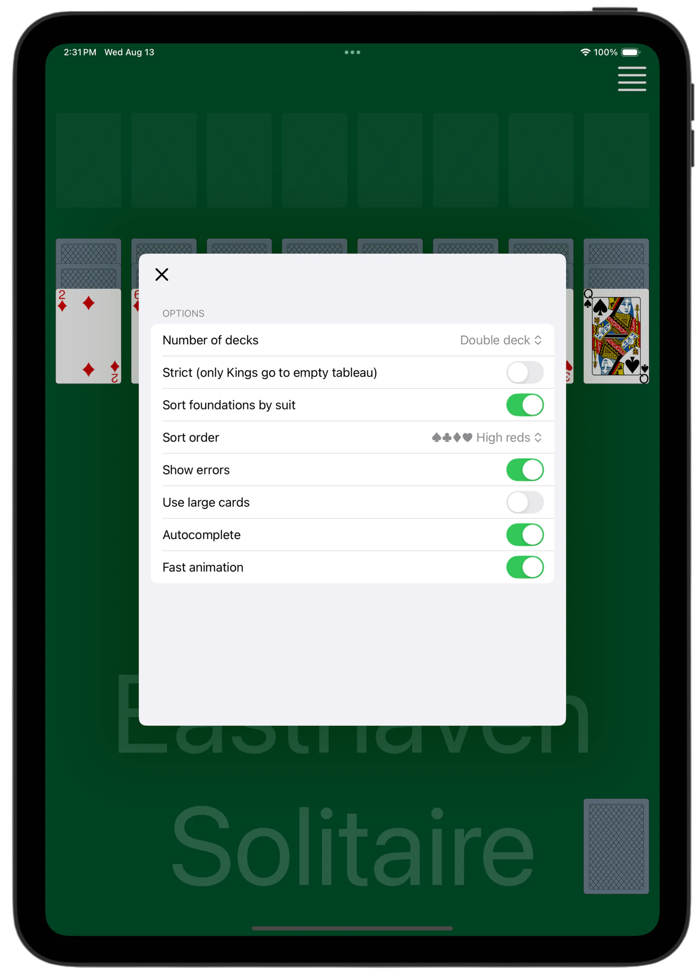Easthaven Solitaire — Menu