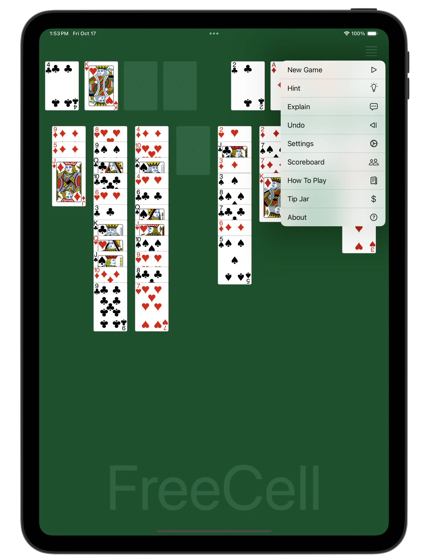 FreeCell — Menu