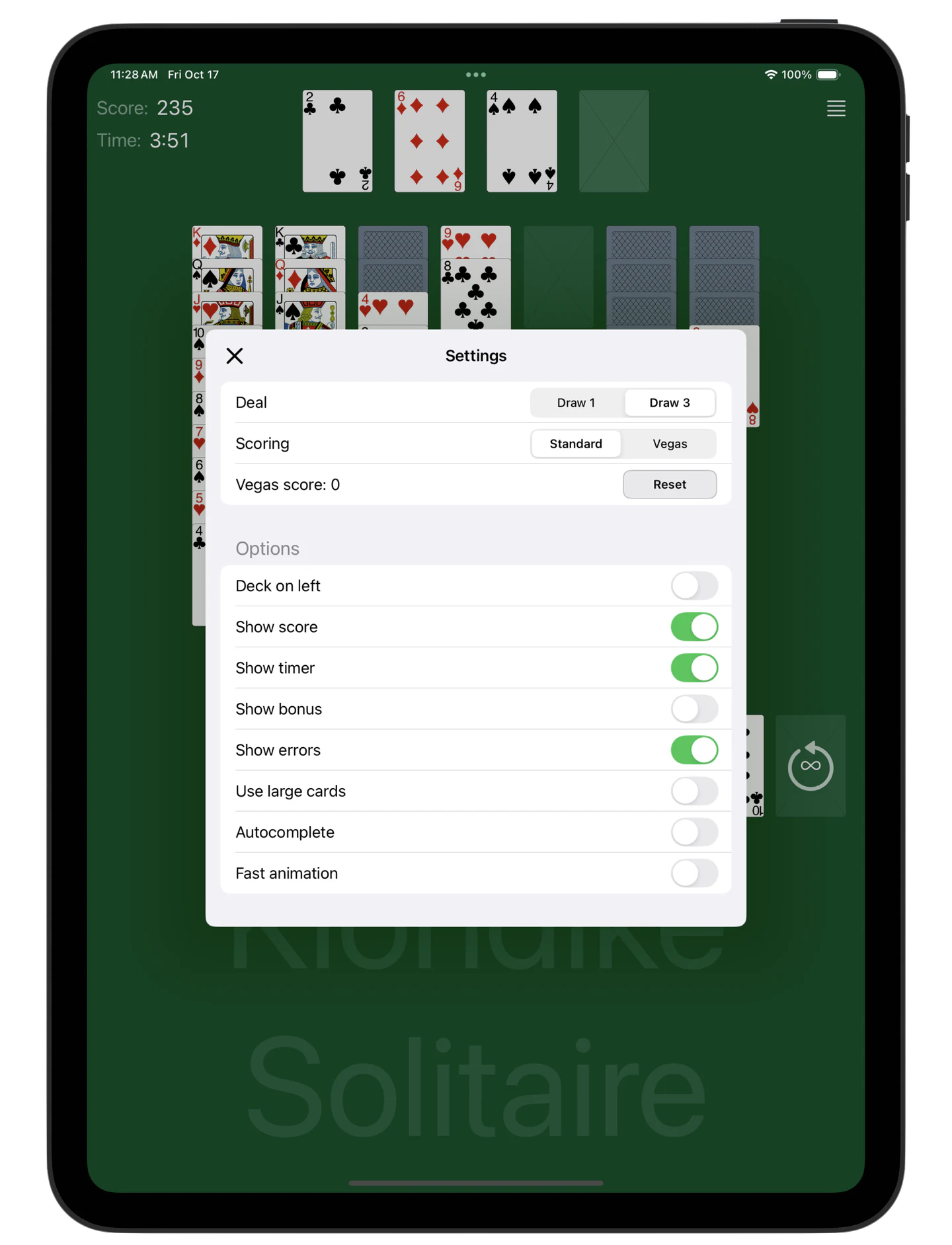 Klondike Solitaire — Settings