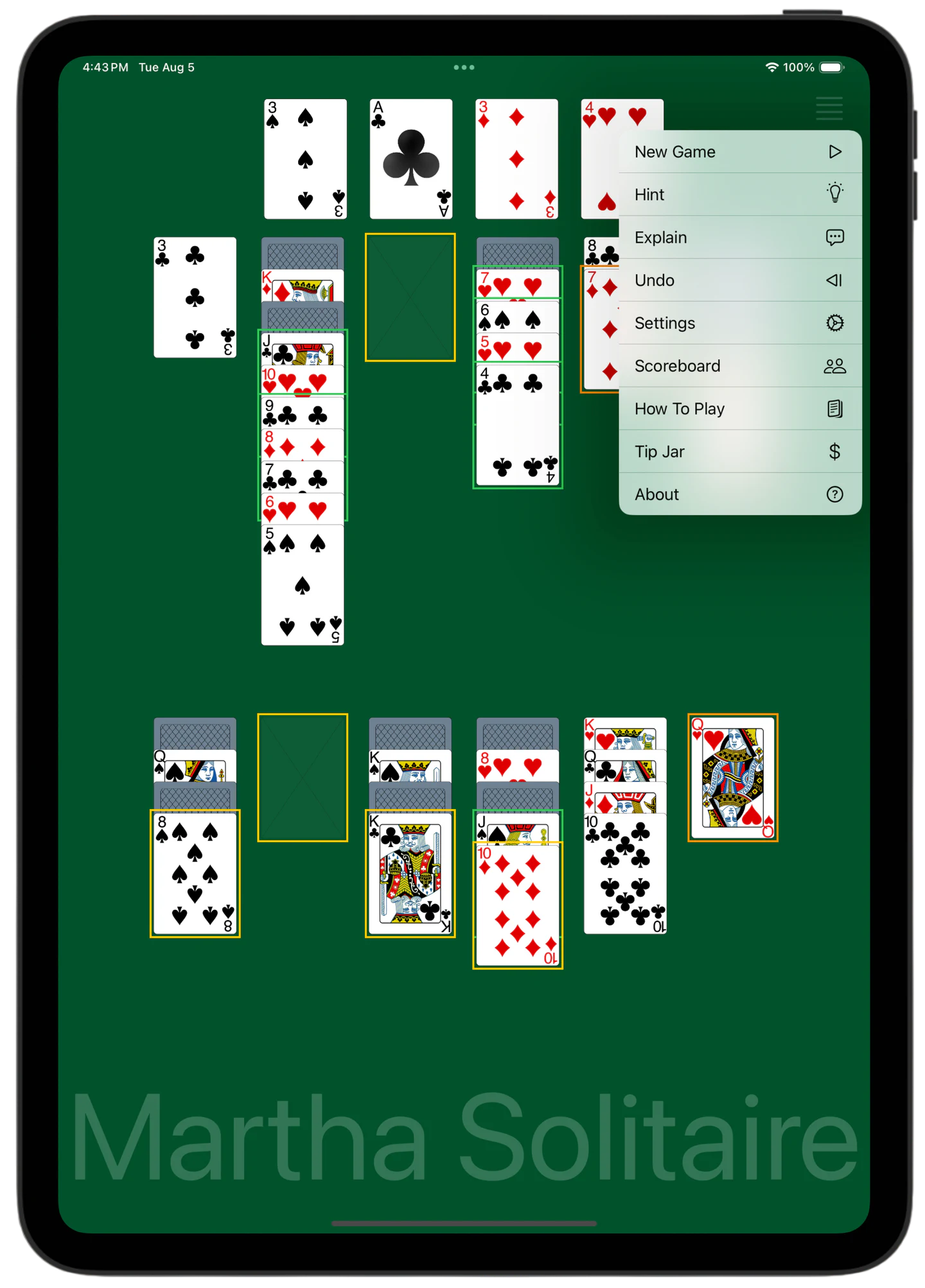 Martha Solitaire — Menu