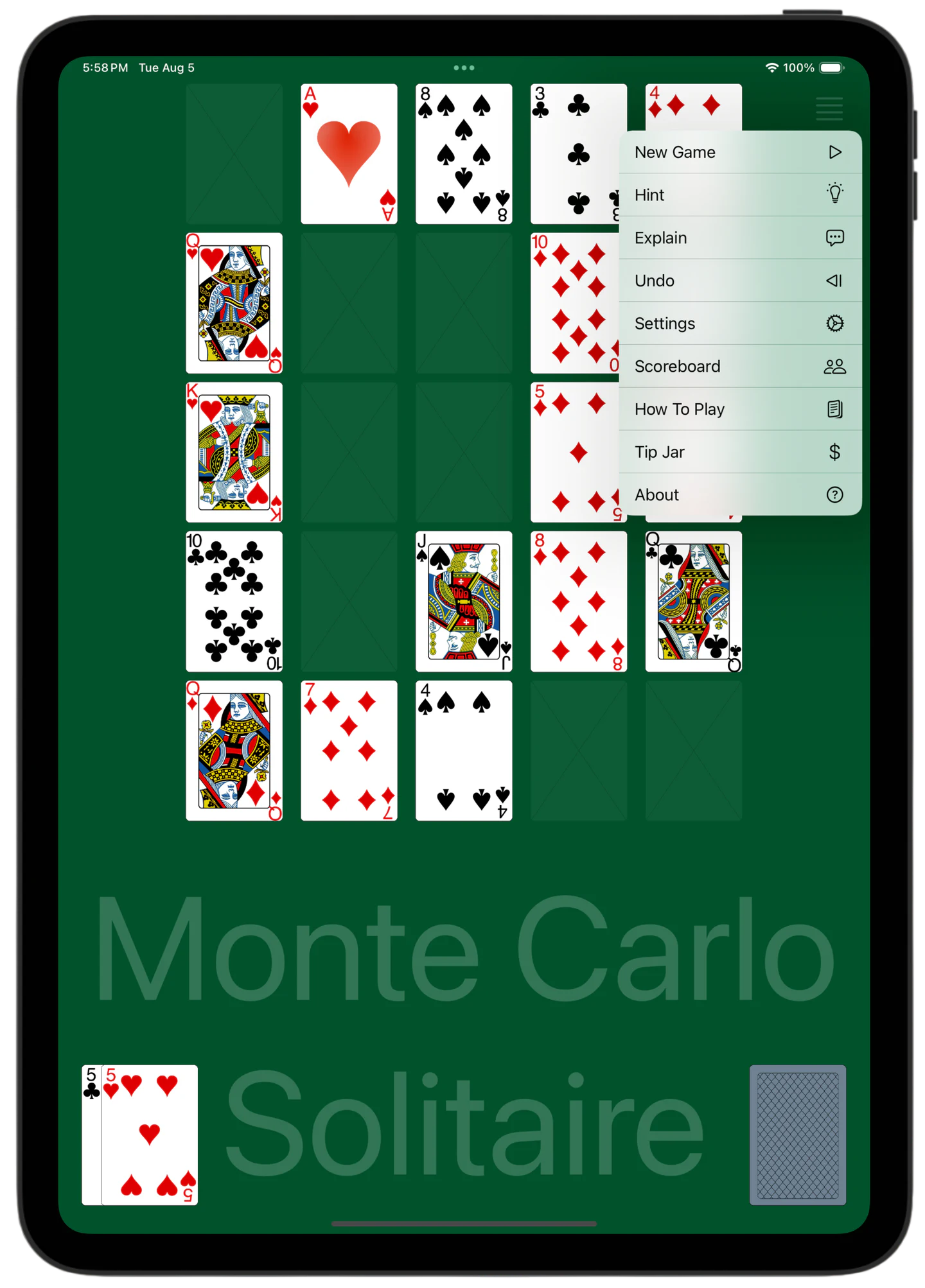 Monte Carlo Solitaire — Menu