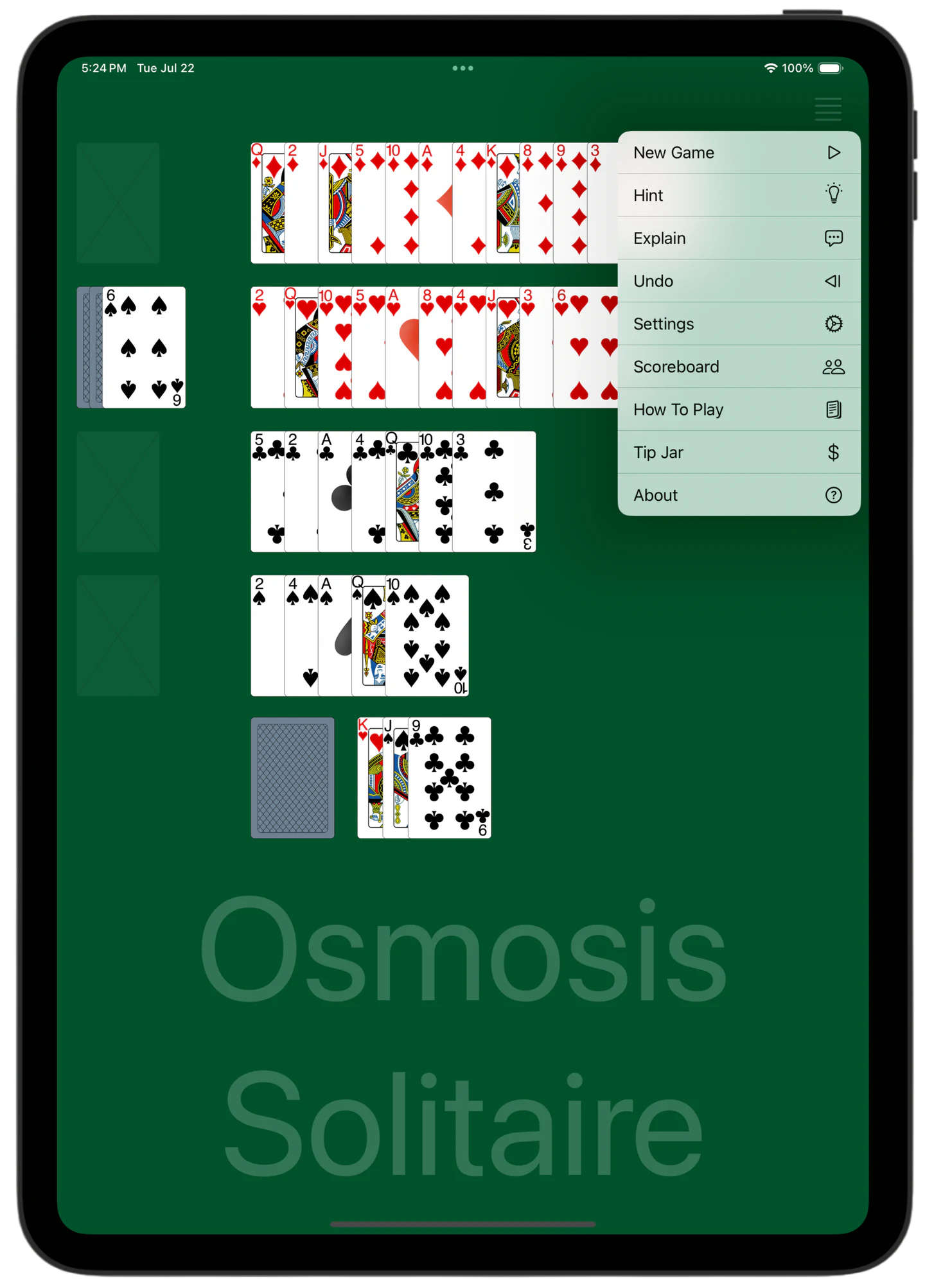 Osmosis Solitaire — Menu