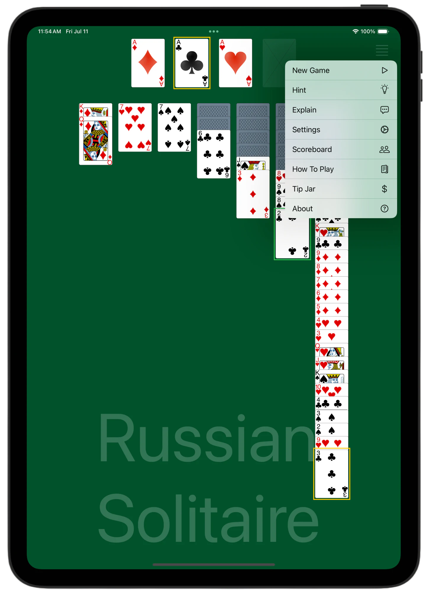 Russian Solitaire — Menu