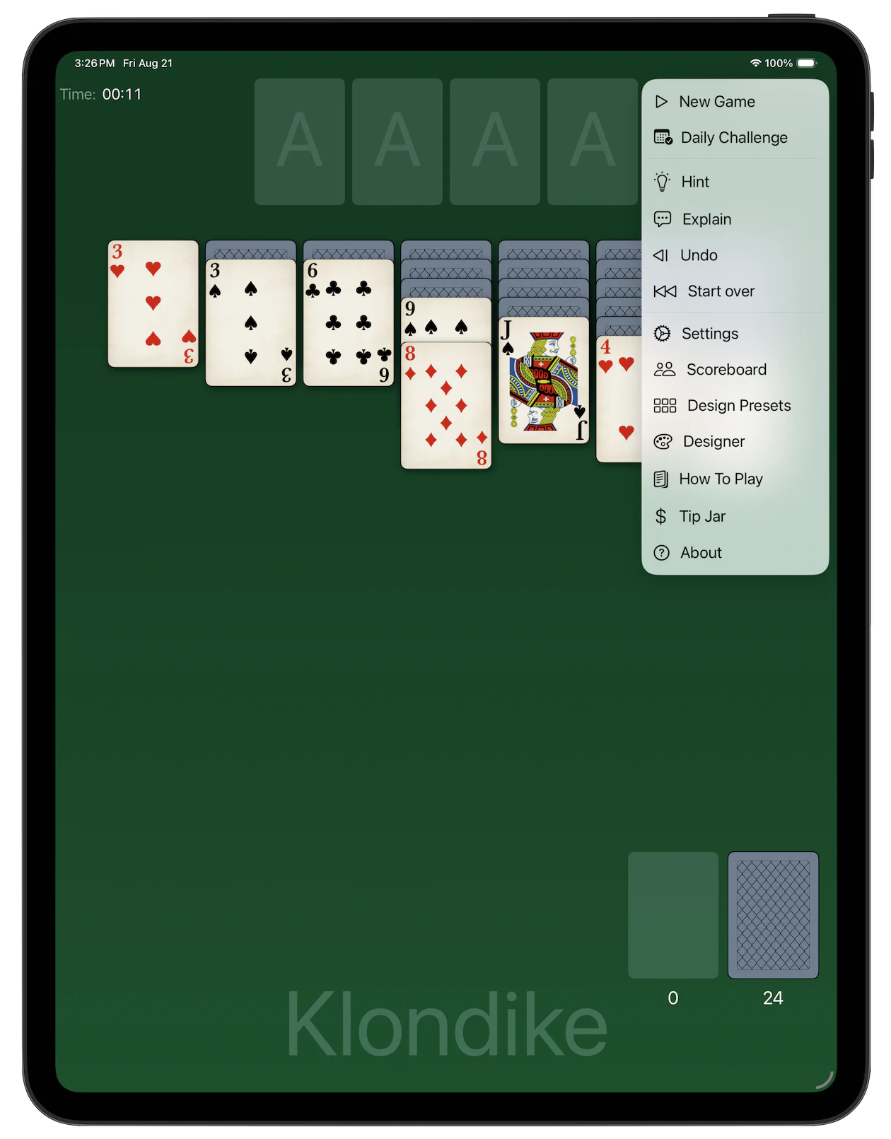 Fein Solitaire — Menu