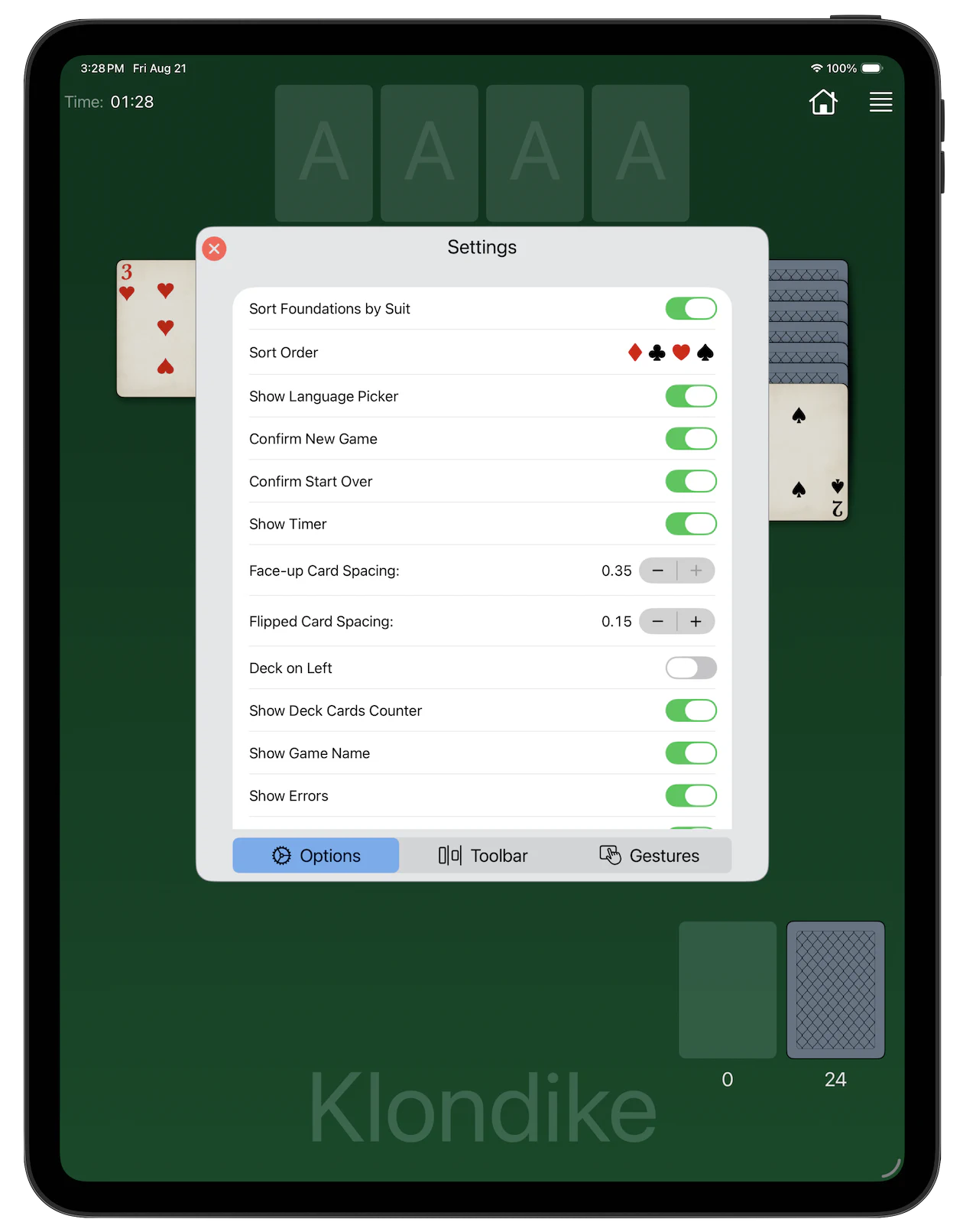Fein Solitaire — Settings