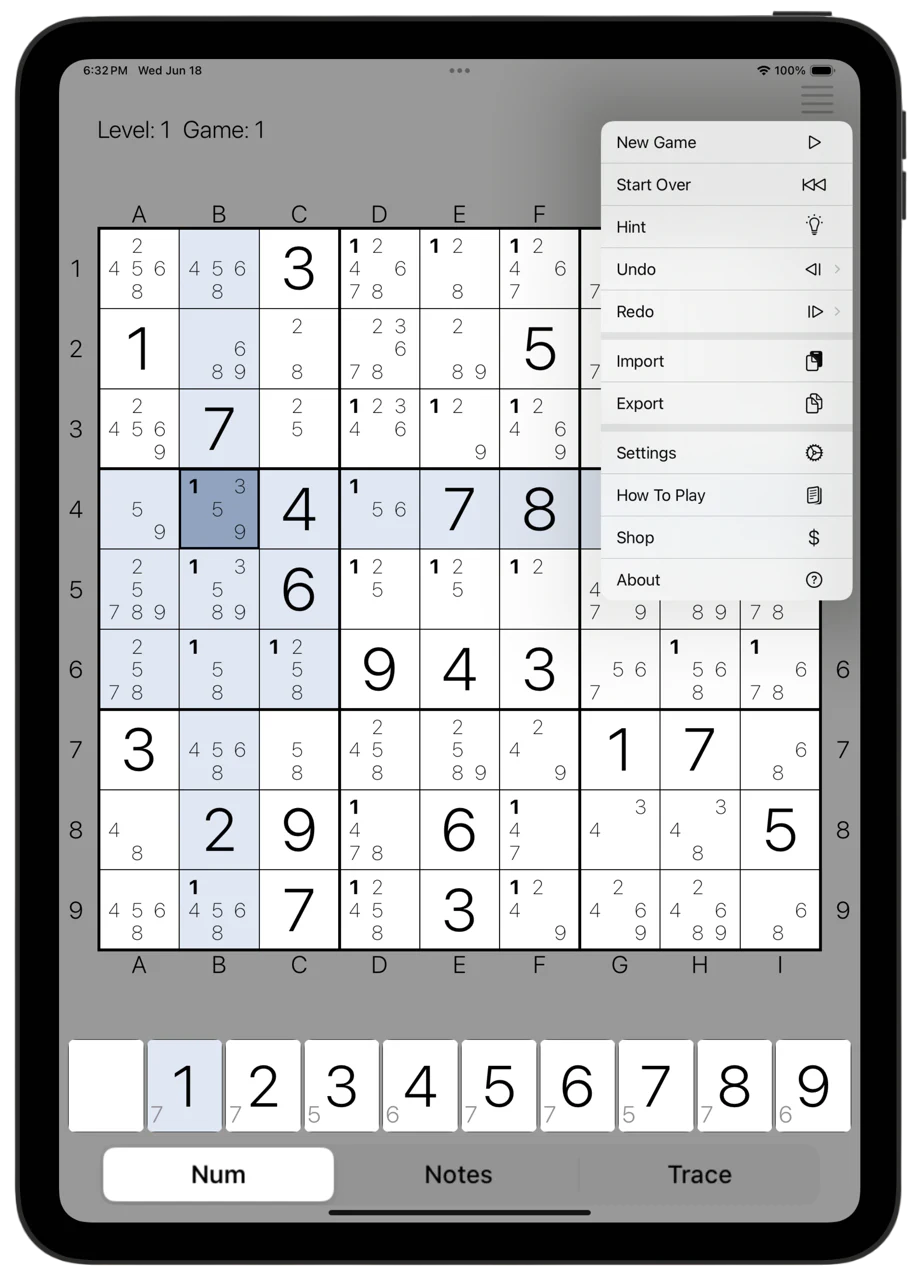 Sudoku — Menu