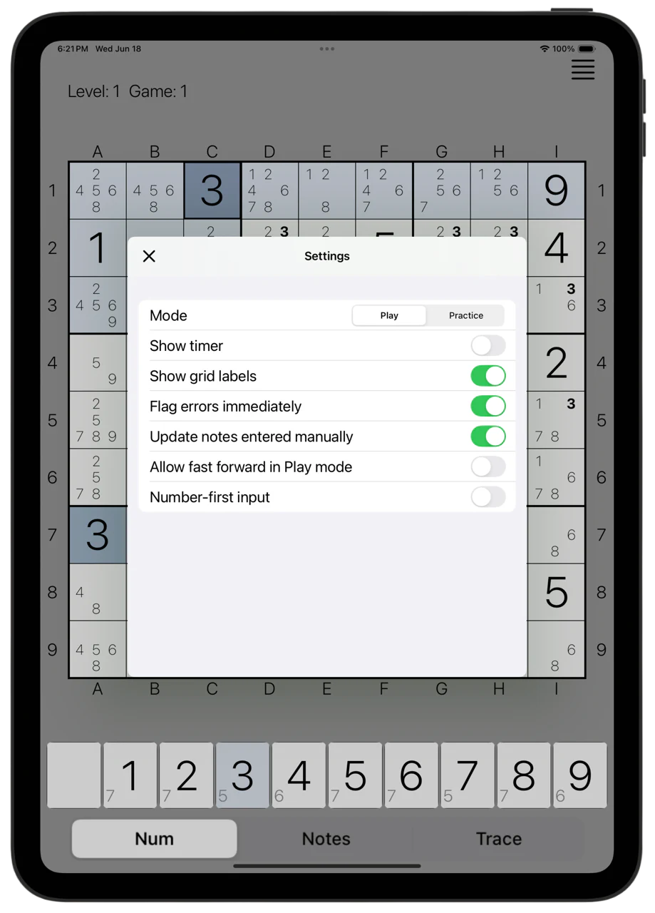 Sudoku — Settings