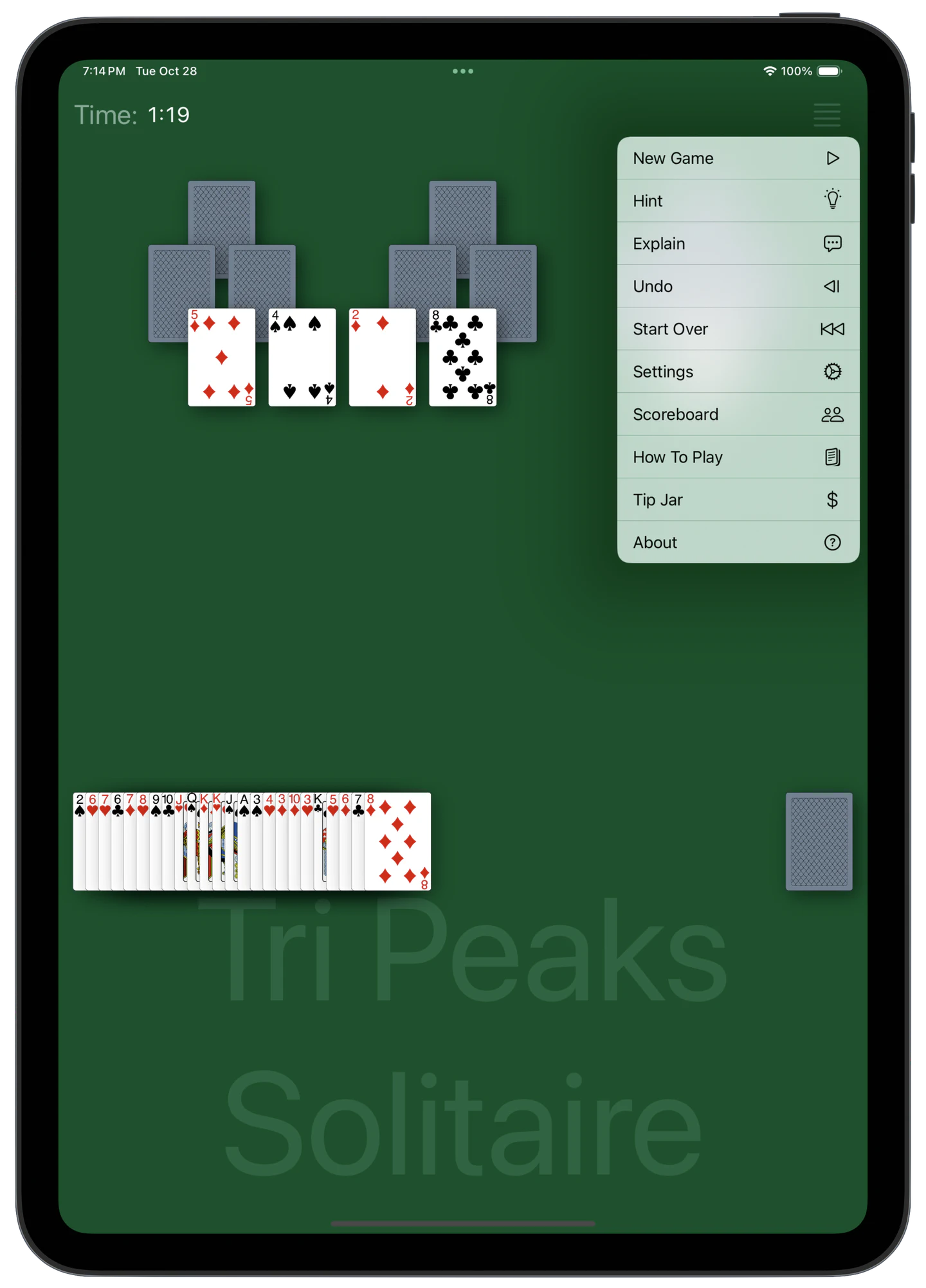 Tri Peaks — Menu
