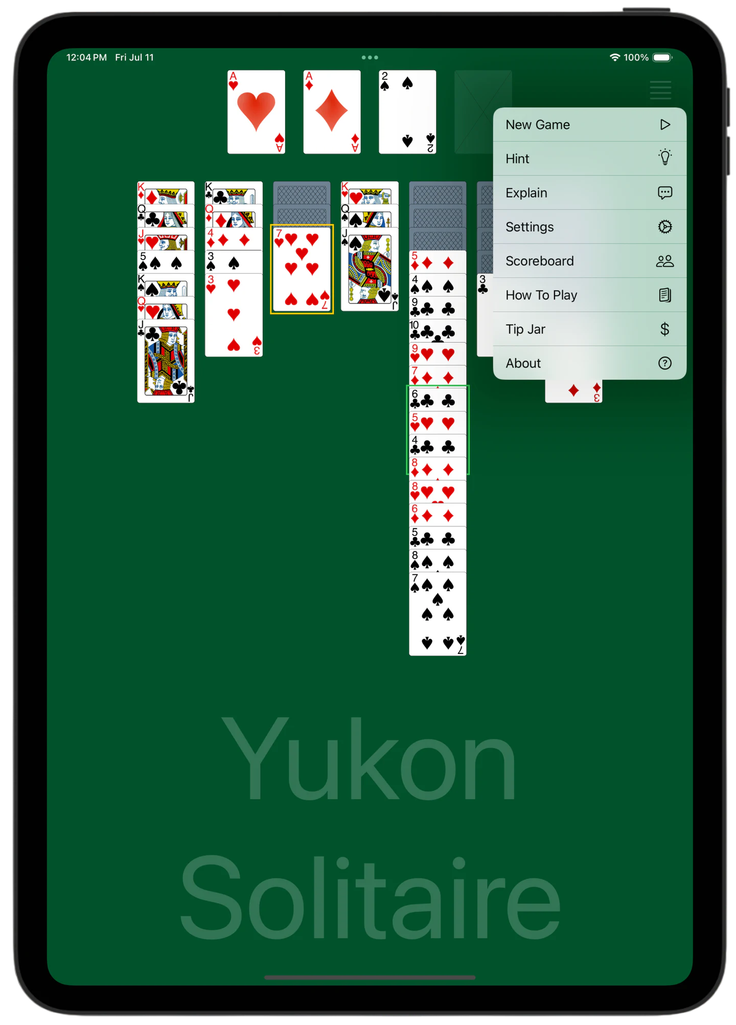 Yukon Solitaire — Menu